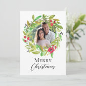 Vrolijk Kerstfeest Waterverf Greenery Paar Foto Feestdagenkaart (Staand voorkant)