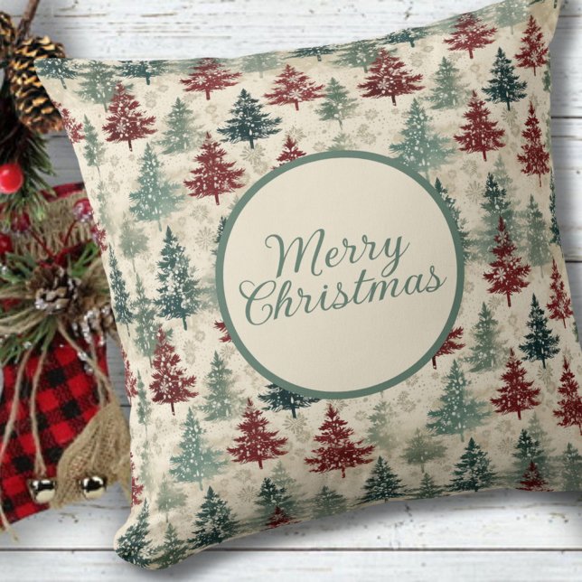 Vrolijk kerstfeest Waterverf groen bos voor bomen Kussen (Creator heeft geüpload)