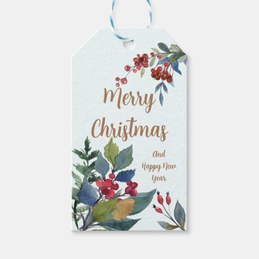 Vrolijk kerstfeest Waterverf Hollies en Berries Cadeaulabel (Voorkant)