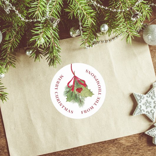 Vrolijk Kerstfeest Waterverf Holly Berries Groen Ronde Sticker
