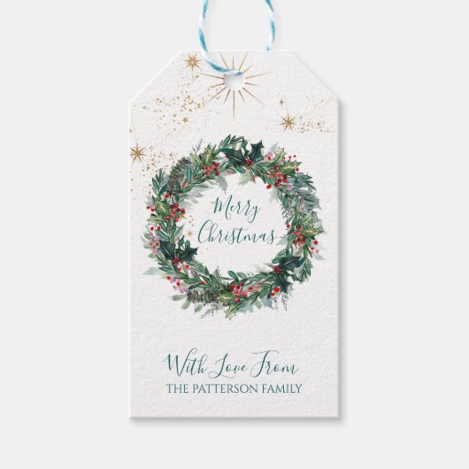 Vrolijk kerstfeest Waterverf Holly Berry Wreath Cadeaulabel (Voorkant)