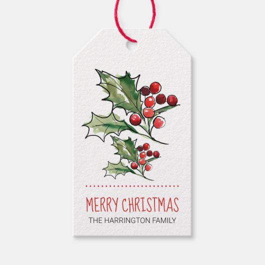 Vrolijk kerstfeest Waterverf Holly Gift Labels Cadeaulabel (Voorkant)