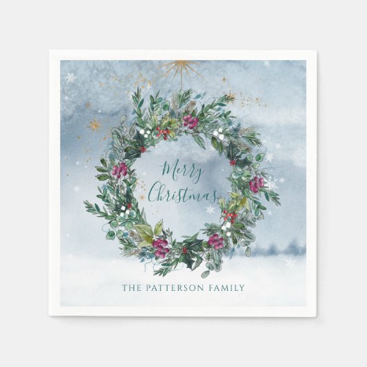 Vrolijk Kerstfeest Waterverf Holly Glitter Star Sn Servet (Voorkant)