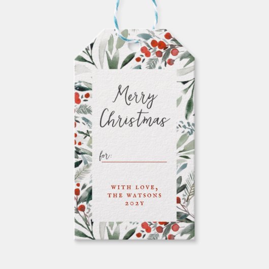 Vrolijk Kerstfeest Waterverf Holly & Pine Vakantie Cadeaulabel (Voorkant)