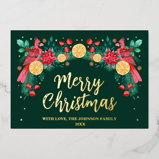 Vrolijk Kerstfeest Waterverf Kardinaal Birds Green Folie Feestdagenkaart (Voorkant)