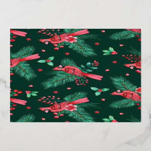 Vrolijk Kerstfeest Waterverf Kardinaal Birds Green Folie Feestdagenkaart (Achterkant)
