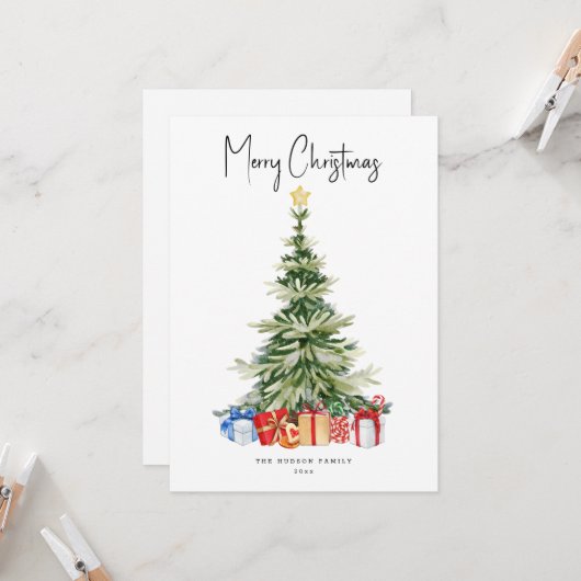 Vrolijk kerstfeest Waterverf kerstboom Kaart (Voorkant / Achterkant in situ)