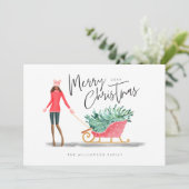 Vrolijk Kerstfeest Waterverf Kerstmeisje Sleigh Feestdagenkaart (Staand voorkant)