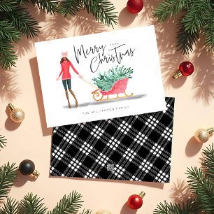 Vrolijk Kerstfeest Waterverf Kerstmeisje Sleigh Feestdagenkaart