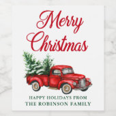 Vrolijk kerstfeest Waterverf Klassic Red Truck Wijn Etiket (Enkel label)