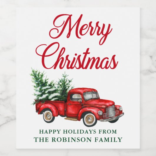 Vrolijk kerstfeest Waterverf Klassic Red Truck Wijn Etiket (Enkel label)
