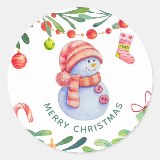 Vrolijk kerstfeest. Waterverf leuke sneeuwman Ronde Sticker (Voorkant)