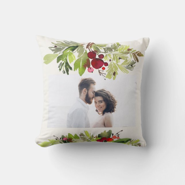 Vrolijk Kerstfeest waterverf loof foto Vakantie Kussen (Voorkant)