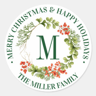 Vrolijk kerstfeest | Waterverf Monogram Wreath Ronde Sticker