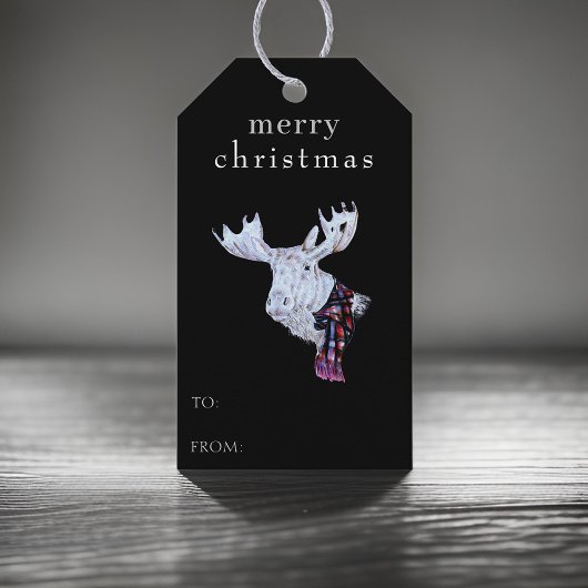 Vrolijk Kerstfeest Waterverf Moose Modern Zwart Cadeaulabel