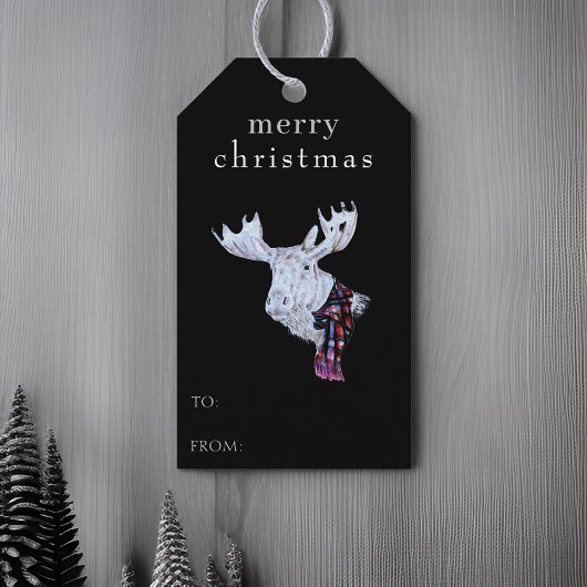 Vrolijk Kerstfeest Waterverf Moose Modern Zwart Cadeaulabel