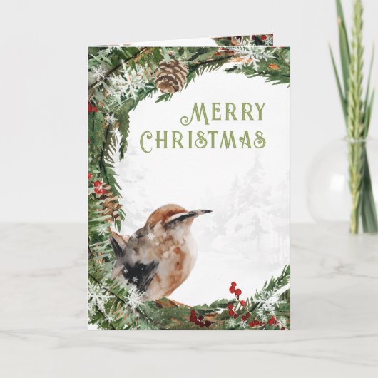 Vrolijk Kerstfeest Waterverf Nuthatch Nesting Bird Feestdagen Kaart (Voorkant)