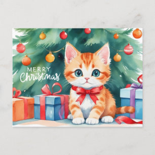 Vrolijk Kerstfeest Waterverf Oranje Kitten Feestdagenkaart