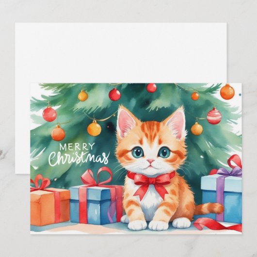 Vrolijk Kerstfeest Waterverf Oranje Kitten Feestdagenkaart (Voorkant / Achterkant)
