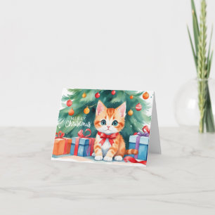 Vrolijk Kerstfeest Waterverf Oranje Kitten Kaart