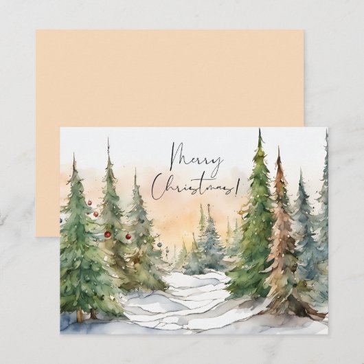 Vrolijk Kerstfeest Waterverf Pijnbomen Nota Kaart (Voorkant / Achterkant)