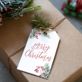 Vrolijk Kerstfeest Waterverf Pine en bessen Cadeaulabel