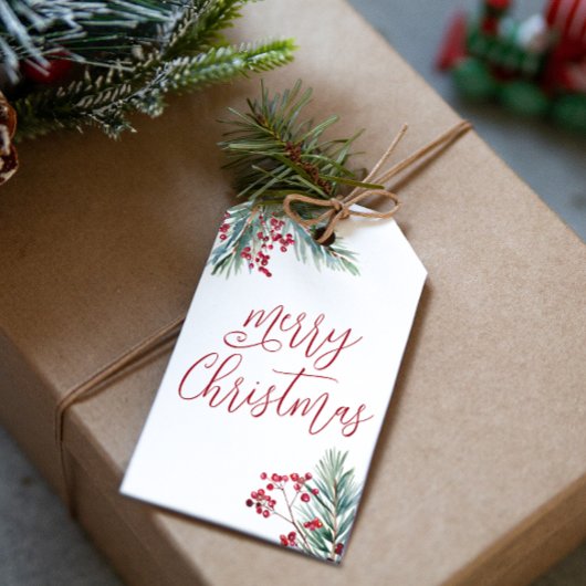Vrolijk Kerstfeest Waterverf Pine en bessen Cadeaulabel