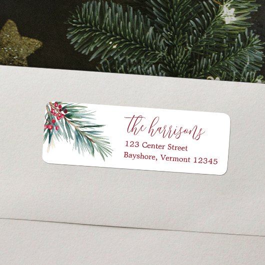 Vrolijk Kerstfeest Waterverf Pine en bessen Etiket