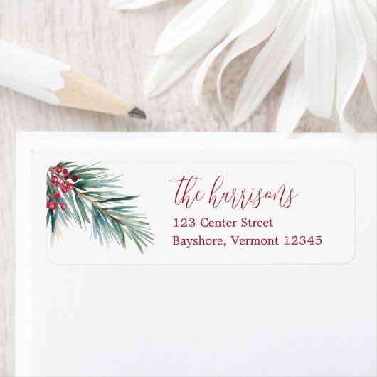 Vrolijk Kerstfeest Waterverf Pine en bessen Etiket (Insitu)