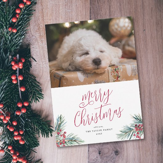 Vrolijk Kerstfeest Waterverf Pine en bessen Feestdagenkaart