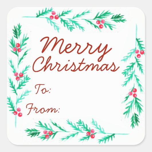 Vrolijk kerstfeest Waterverf Pine Sprig en Berries Vierkante Sticker (Voorkant)