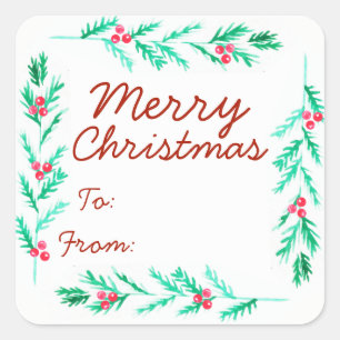 Vrolijk kerstfeest Waterverf Pine Sprig en Berries Vierkante Sticker