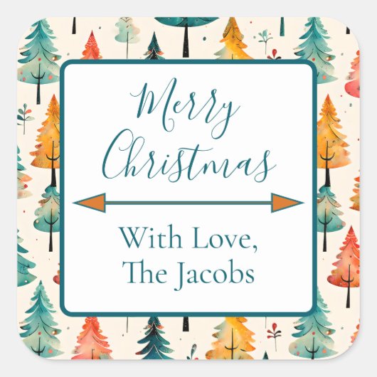 vrolijk kerstfeest | Waterverf Pine Trees Christma Vierkante Sticker (Voorkant)