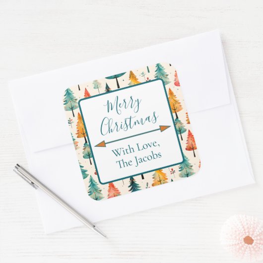 vrolijk kerstfeest | Waterverf Pine Trees Christma Vierkante Sticker (Envelop)