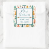 vrolijk kerstfeest | Waterverf Pine Trees Christma Vierkante Sticker (Tas)