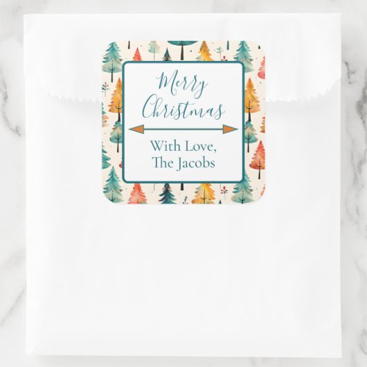 vrolijk kerstfeest | Waterverf Pine Trees Christma Vierkante Sticker (Tas)