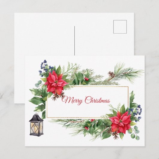 Vrolijk kerstfeest Waterverf Poinsettia, Berries Feestdagenkaart (Voorkant / Achterkant)