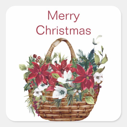 Vrolijk kerstfeest Waterverf Poinsettia Floral Vierkante Sticker (Voorkant)