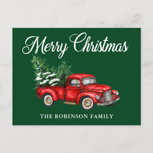 Vrolijk kerstfeest Waterverf Red Truck Green Briefkaart (Voorkant)