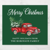 Vrolijk kerstfeest Waterverf  Red Truck Green Likeurfles Etiket (Enkel label)