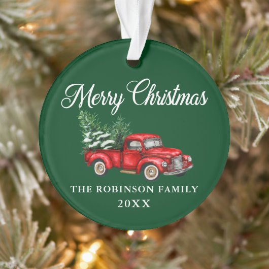 Vrolijk kerstfeest Waterverf Red Truck Green Ornament (Boom)