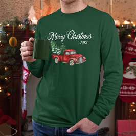 Vrolijk kerstfeest Waterverf Red Truck Green T-shirt