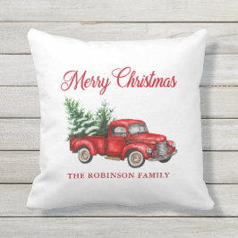 Vrolijk kerstfeest Waterverf  Red Truck Porch Buitenkussen