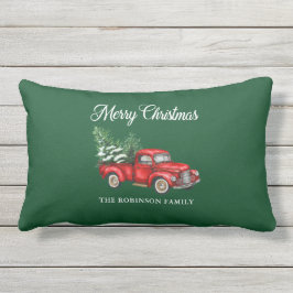 Vrolijk kerstfeest Waterverf  Red Truck Porch Buitenkussen