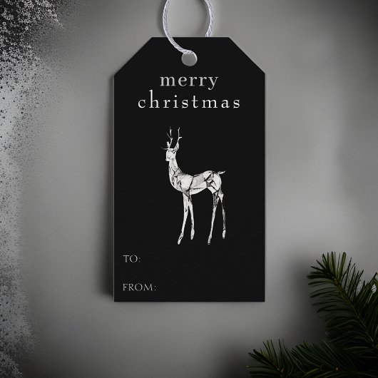 Vrolijk Kerstfeest Waterverf Rendier Modern Zwart Cadeaulabel