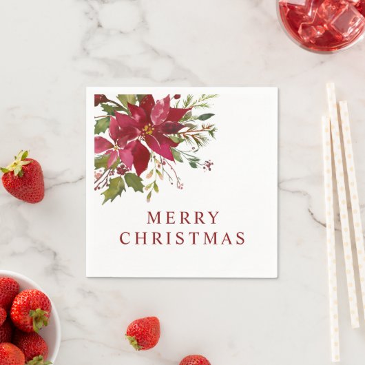 Vrolijk Kerstfeest Waterverf Rode Poinsettias Servet (Insitu)