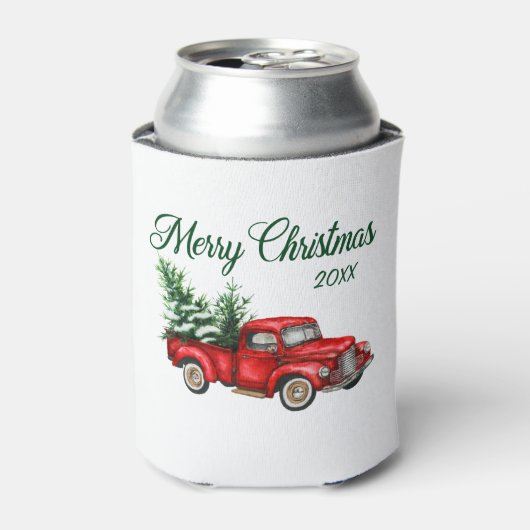 Vrolijk kerstfeest Waterverf  Rode Vrachtwagen Jaa Blikjeskoeler (Blikje Voorkant)