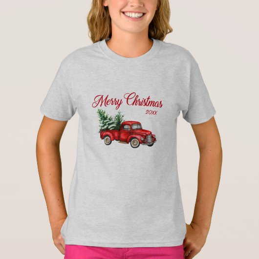 Vrolijk kerstfeest Waterverf  Rode Vrachtwagen Jaa T-shirt (Voorkant)