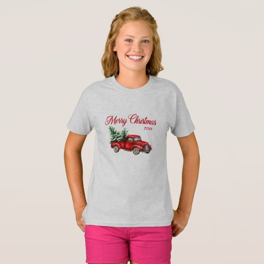Vrolijk kerstfeest Waterverf  Rode Vrachtwagen Jaa T-shirt (Voorkant volledig)