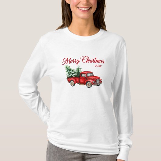 Vrolijk kerstfeest Waterverf  Rode Vrachtwagen Jaa T-shirt (Voorkant)
